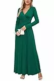 OUGES Damen Kleid Langarm V-Ausschnitt Winterkleid Casual Boho Kleider Maxikleid mit Taschen Herbstkleid(Grün, XL)