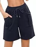 Aottori Shorts Damen Sporthose Kurz Baumwolle Hosen Sport Jogginghose Sommer Locker Sportshorts High Waist Trainingshose mit Taschen Elastischer Bund für Fitness Running Dunkelblau XXL