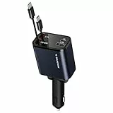 RAMPOW Einziehbares Auto Ladegerät, [65W,4in1] Zwei Einziehbare USB-C Kabel, Zigarettenanzünder USB C, Auto Zubehör Auto ladegerät Schnellladegerät mit iPhone 16/15, Samsung S24/S23, iPad