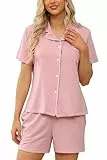 Lovasy Schlafanzug Damen Baumwolle Kurz Pyjama Set Kurzarm Schlafanzüge für Damen mit Knöpfen und Taschen,Rosa,M