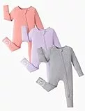 PATPAT Strampler 3er Pack für Unisex Baby Mädchen Jungen Babyschlafanzug mit Reissverschluss, Bambusviskose Schlafanzug Set mit Fuß Warme Winterkleidung, Lila 9-12 Monate