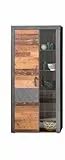 trendteam smart living - Indy - Regalschrank - Grau/Eiche - Stauraumvitrine mit 2 Türen, 4 Glasböden, 1 Konstruktionseboden und 3 Einlegeböden - (BxHxT) 87 x 189 x 34 cm - antikfarbene Griffe