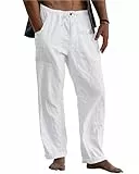 LVCBL Herren Leinenhose Casual Kordelzug Sommer Strand Hose Heimat Weiß L