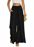 GRACE KARIN Damen Palazzo-Hose weitem Bein Rüschenschlitze elastischem Bund fließender Sommer-Strandhose mit Taschen Schwarz L