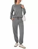 Terecey Jogginganzug Damen Damen Rundhals Jogginganzug Sweatshirt und Jogginghosen Zweiteiler Trainingsanzug Hausanzug Sport Set Loungewear Freizeitkleidung Sportswear Dunkelgrau L