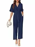 Cicy Bell Damen Elegante V-Ausschnitt Jumpsuits Dressy Casual Kurze Ärmel Weite Beine Lange Hosen Rompers, Marineblau, Medium