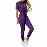Graceyo Cargo Jumpsuit Damen mit Gürtel Lang Sommer Elegant Jumpsuits Frauen Onesie Overall Bodycon Romper mit Kragen Kuschelig Dünn Casual Playsuit Kurzarm Einfarbig Hosenanzug