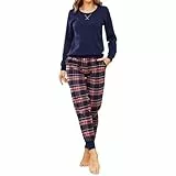 Mnemo Schlafanzug Damen 100% Baumwolle Bequemer Pyjama Damen Baumwolle mit Karomuster (Blaues Pulver mit Golddraht, M)