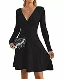 AUSELILY Strickkleid Damen Herbst Leichte Langarm V-Ausschnitt Winterkleid A Linie Elegant Herbstkleid Knielang Kleid Midi Pulloverkleid Tunikakleid Schwarz L