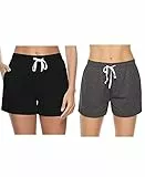 Sykooria Schlafanzughose Damen Kurz Pyjamahose Sporthose Kurz Sommer High Waist Kurze Hosen Nachtwäsche Shorts aus Baumwolle mit Taschen für Schlaf Sport Yoga, Schwarz+Dunkelgrau, L