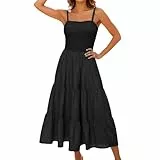 Sommerkleid Lang, Sommerkleid Damen Lang Strandkleid Maxikleider Sommerkleider Maxi Dress a Linie Tunika Kleid Sommer Maxikleid Ärmellos Spaghettiträger Damenkleider Schwarz XXL
