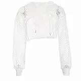 FYMNSI Festival Outfit Damen Techno Rave Oberteil Bauchfrei Crop Top Langarm Netz T-Shirt mit Kapuze Casual Kleidung Frauen Netzoberteil Netzpullover Sommer Cropshirt f?r Party Strand Urlaub Wei? M