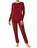 Wayleb Damen Schlafanzug Set Langarm Rundhals Zweiteiler Pyjama Hausanzug Warm Loungewear Herbst Winter Velours Kuschelig Homewear mit Hose, Weinrot -A, S