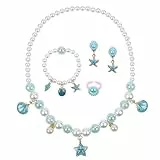 OSDUE Blau Muschel Schmuckset Mädchen, Blau Kristallschmuck, Rosa Muschel Kinderschmuck Enthalten Halskette, Ringe, Armbänder, Ohrring, Rosa Muschel Kinderschmuck Set für Party Dress Up Geschenk