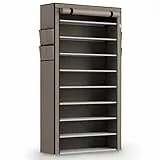 Juskys Schuhschrank L 9 Ebenen, Schuhregal geschlossen 45 Paar Schuhe, Stoff Bezug wasserabweisend, Schuhaufbewahrung Stoffschrank Stecksystem Hellbraun