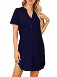 Lovasy Nachthemden für Damen Kurzarm Baumwolle Sommer Schlafshirt Still Nachthemd mit Knöpfen Damen Geburtshemd mit Taschen,Marineblau,L