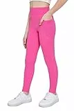 Arshiner Leggings Mädchen Rosa Kinder Sportleggins Lang Einfarbig Sporthose Basic Elastisch Leggings Jogging Training Yoga Hosen mit Taschen 130/7-8 Jahre