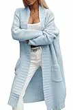 Imily Bela Damen Strickjacke mit Taschen Lang Grobstrick Cardigan Herbst Strickmantel Winter Open Front Pullover(Blau, L)