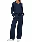 Aottori Jogginganzug Damen Trainingsanzüge Jogginghose mit Kordelzug und Halbem Reißverschluss Langarm Sporttop Zweiteiler Outfit Jogger Tracksuit Set für Gym Marine L