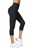 Enjoyoga Leggings Damen 3/4 mit Innentasche - High Waist Sporthose Laufhose für Sport Yoga Gym - 03(S-M, Schwarz)