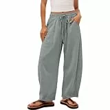 KOG Leinenhose Damen Hose 2026 Sommerhosen Baumwolle Leinen Cargohosen Mode Frau Jogginghosen Einfarbig Lässig Trainingshose Yogahose Wanderhose Große Größen Cargo Hosen Grau L