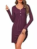 Crewhpo Nachthemd Damen Langarm Baumwolle Nachtwäsche mit V-Ausschnitt Nachthemden Winter Lang Sleepshirt Nachtkleid Schlafshirt Frauen Langärmeliges XXL