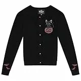 Ro Rox Halloween-Cardigan mit Katze und Kürbis – Gruselige bestickte Retro-Strickware, Schwarz, M