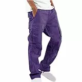 UHouse Cargohose Herren Hose Sommer Baumwolle Cargo Hosen Baggy Arbeitshosen Männer Leichte Sommerhose Bequeme Freizeithose mit Gummizug Freizeit Einfarbig Pants Lila L