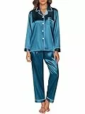 Reliwel Schlafanzug Damen Satin Schlafanzug Langarm Pyjama Set mit Knopfleiste V-Ausschnitt Zweiteiliger Nachtwäsche Weiche Pyjamas Klassische Loungewear Hausanzug Pjs