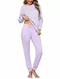 Bresdk Pyjama Damen Schlafanzug Lang Baumwolle Gestreift Kuscheliger Hausanzug Lila S