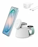 Belkin Ultracharge Induktive Ladestation 3 in 1 mit USB-C-Anschluss für Smartwatch (Watch Ladegerät Nicht enthalten), Qi2.2 Ladegerät 25W für Samsung S26, Galaxy Watch, Apple Watch, mit 45-W-Adapter