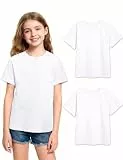 KEREDA Mädchen T-Shirt Sport Kurzarm Tops Kinder Sommer Shirts Einfarbige Rundhals Casual Tees Teenager Basic Oberteile 2er-Pack 7-14 Jahre Weiß 134-140