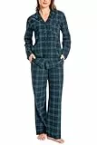 Nutria Schlafanzug Damen 100% Baumwolle Flanell Pyjama Set Langarm Oberteil mit Offenem Kragen Knöpfe Lang Unterteil Winter Nachtwäsche Loungewear Shirt und Hose Grün und Marineblau Kariert XL
