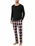 Uniexcosm Schlafanzug Herren Zweiteiliger Lang Baumwolle Pyjama Set Nachtwäsche Langarm Oberteil und Karierte Schlafanzughose Sleepwear Hausanzug Dunkelschwarz XL