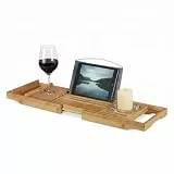 Relaxdays Badewannenablage Bambus, ausziehbares Badewannenbrett mit Buchstütze und Glashalter, HBT: 19x107,5x23cm, natur