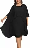 Hanna Nikole Damen Große Größe Abendkleid Rüschen Strickjacke Brautmutterkleider Damen für 3/4 Ärmel Strickjacke Kleider Damen Knielang Black 52