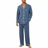 U2SKIIN Schlafanzug Herren lang Stretch Pyjama mit Knopfleiste Pyjamas Set Schlafanzüge Langarm Nachtwäsche Loungewear (Dunkel-Marineblau Mel., M)