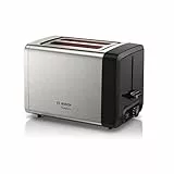 Bosch Kompakt Toaster DesignLine TAT4P420DE, integrierter Edelstahl-Brötchenaufsatz, mit Abschaltautomatik, mit Auftaufunktion, perfekt für 2 Scheiben Toast, Liftfunktion, 970 W, Edelstahl/schwarz