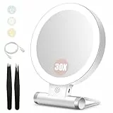 B Beauty Planet Kosmetikspiegel mit Beleuchtung, 30 fache/1-fach Doppelseitige Tischspiegel,3 Farblichter, DimmbarerSchminkspiegel,Reisen Kosmetik Spiegel mit Beleuchtung(Weiß 30x Kosmetikspiegel)