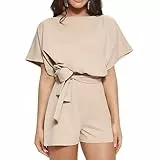 Ejoyous Jumpsuit Damen Sommer Blumen kurz Overall, Jumpsuit Kurz Playsuit Overal Elegant mit Bindegürtel Ausschnitt Spagettiträger Stretch Locker Damen Frauen(XL-Aprikose)