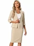 Allegra K Damen Anzug Elegant 2 Teilig Business Outfit Rock mit Blazer Set 2-Teiliges Büro Arbeit Kragenloser Bleistiftrock Khaki XL