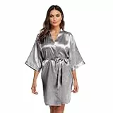 GOODSALEOK Satin Bademantel Damen Sexy Kimono Robe für Frauen V-Ausschnitt Leichtigkeit Nachtwäsche Nachthemd Graue M