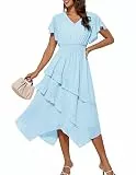 GRACE KARIN Damen Lang Kleid Freizeit Leicht Hohe Taille Rüschen Ärmel Strandkleid XXL Hellblau