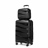 KONO Gepäckset 2-teilig Handgepäck Koffer Trolley 56cm + Kosmetikkoffer aus Polypropylen Hartschale, Koffer mit 4 Rollen und TSA Schloss (Schwarz)