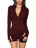 Canli4Y Damen Jumpsuit Workout Overalls Strampler mit Reißverschluss, Bauchkontrolle, langärmelig, Yoga, Fitness, einteiliger Body, Bodysuit