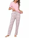 Aseniza Schlafanzug Damen Baumwolle Pyjama Set Kurzarm Oberteil und Lange Hose Zweiteiliges Nachtwäsche Set Casual Sleepwear mit V-Ausschnitt Elastischer Bund Rosa + Rosa-dunkelblaues M