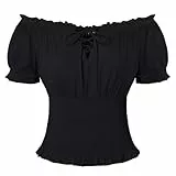 SCARLET DARKNESS Damen Renaissance Trachtenbluse Schulterfrei Gesmokte Bluse Baumwolle Mittelalter Tops Schwarz XXL