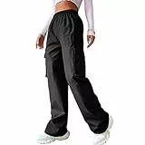 Frauen Lose Beiläufige Lange Hosen Baggy Straight Wide Leg Hose Reine Farbe Cargohose mit Hoher Taille und Zwei Taschen(L-Schwarz)