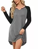 Ekouaer Nachthemd Damen Langarm Schlafshirt Winter Nachtwäsche Knielang mit V-Ausschnitt Sleepshirt Grau L
