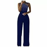Generisch Hosenanzug Damen Festlich Hochzeit Elegant Hochzeitsgast Sommer Jumpsuit Trägerlos Kurzarm Overall Lang Eleganter Palazzo Hose Outfit Set Casual Weites Bein Hose Blau S